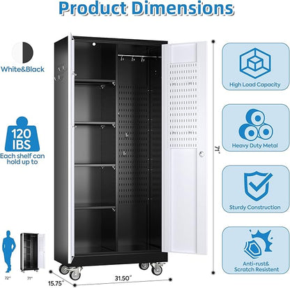 SUXXAN Broom Closet Storage Cabinet, Metal Cabinets with 13 Hooks and Hanging Rods, 71" Metal Storage Cabinet, Heavy Duty Cleaning Cabinet for Garage, Laundry Room