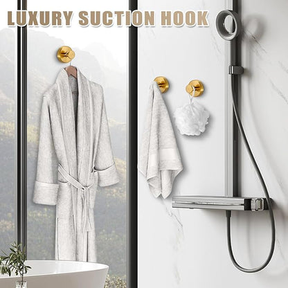 Suction Cup Hooks for Shower No-Drill Bathroom Hooks for Towels, Robes, Loofah Mountable on Bathroom Walls, Kitchen, Glass, Mirrors, Tile and Smooth,Non-Porous Surfaces (4, Brushed Gold)