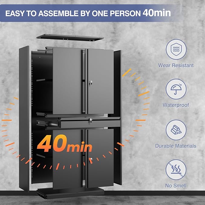 Metal Storage Cabinet with Drawer, Garage Storage Cabinet with Locking Doors and Adjustable Shelves for Garage, Home Office,Warehouse (Black)