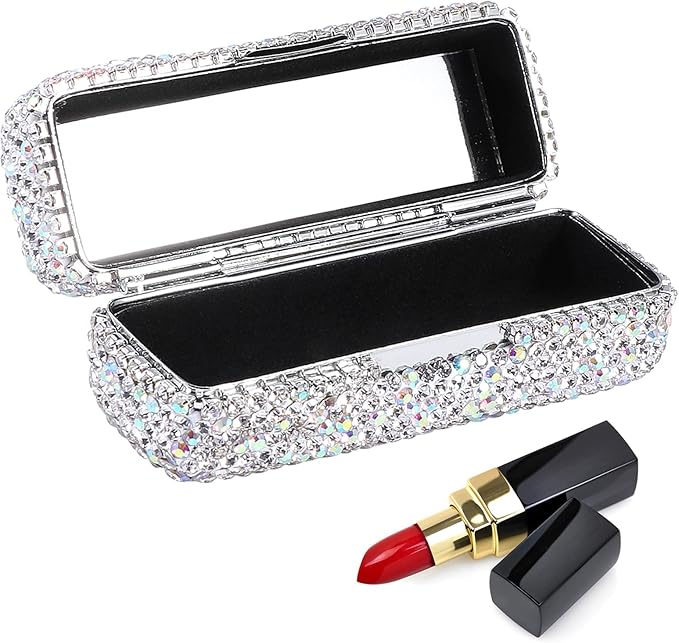 CALIDAKA Crystal Lipstick Case Holder Shiny Rhinestone Lipstick Organizer with Mirror Portable Bling Diamonds Lipstick Storage Holder Lip Gloss Makeup Storage Bag