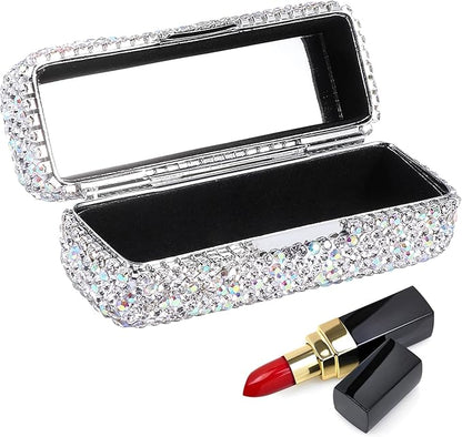 CALIDAKA Crystal Lipstick Case Holder Shiny Rhinestone Lipstick Organizer with Mirror Portable Bling Diamonds Lipstick Storage Holder Lip Gloss Makeup Storage Bag