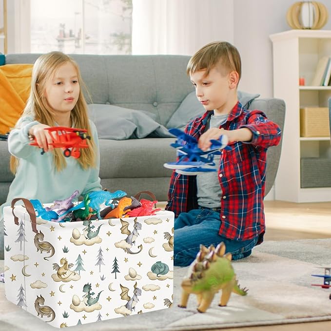 Rectangular Dinosaur Baskets,Watercolor cute dragon fairy tale kids nursery basket,Cloud moon star dragon egg laundry basket for kid,Toys Box,Dinosaur Room Decor(Cute dinosaur)