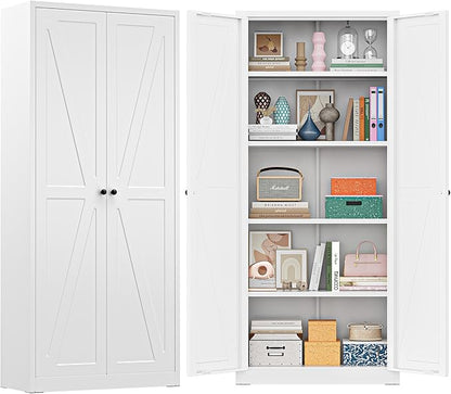 Greenvelly Metal Cabinet, 63" H White Metal Storage Cabinet with Doors and 4 Shelves, Pantry Storage Cabinet for Kitchen, Bedroom, Living Room, Office (Farmhouse)