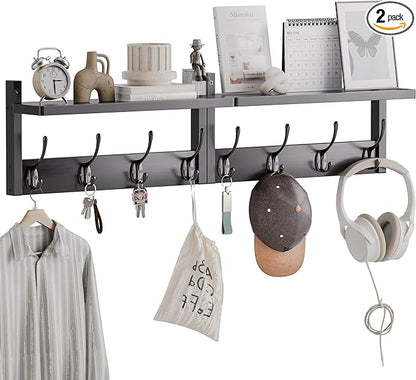 Coat Rack with Shelf, 2 Pack Bamboo Wall-Mounted Coat Hanger with 8 Hooks for Entryway, Hallway, Kitchen, Bathroom, Living Room, Utility Room (Black)