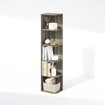 Furinno Reed Corner Shelf, 5-Tier Corner Bookshelf, Book Shelf, Corner Shelves, Storage Rack, for Organization and Storage, Home Office, Living Room, French Oak