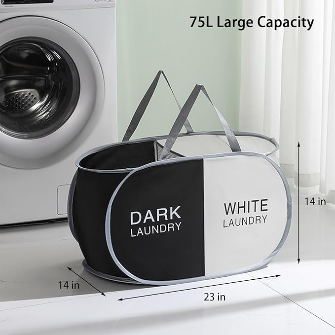 Pop Up Laundry Hamper 2 Section, Collapsible Laundry Basket with Carry Handles for Home, Laundry Room, Bedroom, Dorm, RV Travel (Black & Beige - 2 Compartments)
