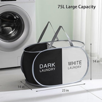 Pop Up Laundry Hamper 2 Section, Collapsible Laundry Basket with Carry Handles for Home, Laundry Room, Bedroom, Dorm, RV Travel (Black & Beige - 2 Compartments)