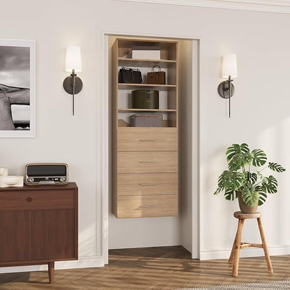 ROOMTEC Modular Closet System, 31.5" 4 Drawer Shelf Closet Tower Wall-Mounted Closet Organizer, Wooden Tower for Walk-In Closets, Wardrobe Storage Kit, Wood