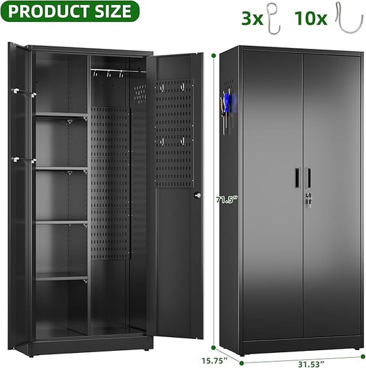 Metal Broom Closet Storage Cabinet, Garage Storage Cabinet with 5 Pegboard, Hanging Rod &13 Hooks for Garage Home,Black,Required Assembly,71.5" H x 31.5" W x 15.75" D