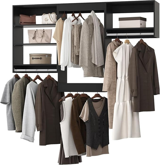 Modular Closet System, 84" Wide Closet Organizer System with Hanging Shelving , Wood Tower Closet Storage for Walk In Closets, Wall Mounted Wardrobe Organizer Kit System, Bedroom, Black