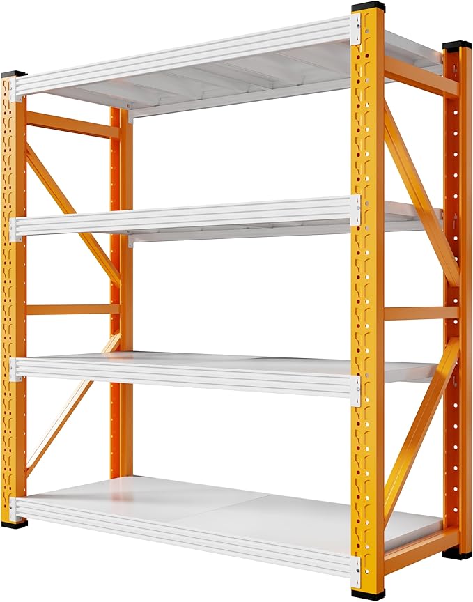 59" W Garage Storage Shelves,3000LBS Garage Shelving Heavy Duty Adjustable Shelving Unit,4 Tier Metal Utitly Shelves Industrial Shelving for Warehouses,Basement,Orange-White