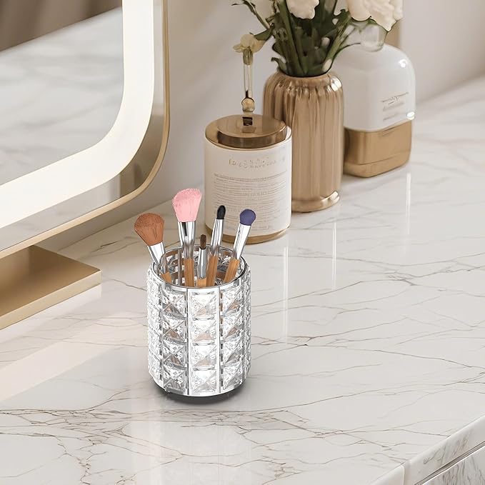 LUGUNU Makeup Brush Holder with Silver Crystal Bling – Elegant Vanity Organizer for Brushes, Pens & Pencils, Ideal for Bathroom or Office Countertop(1Pack)