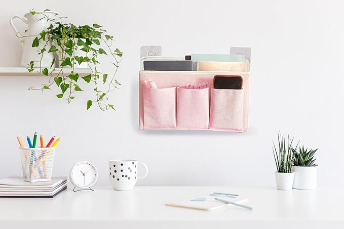 Wall Hanging Organizer Bag/Hanging Baskets with Large Mesh Compartment & 3 Pockets，Over the Door Hanging Organizer Space Saving Storage for Bedroom,RV Camper, Closet (Pink -1 Pack)