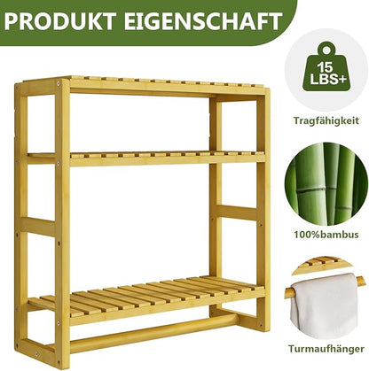 Over The Toilet Storage Bathroom Shelves Wall Mounted 3 Tier Space Saver Corner Shelf Organizer Bamboo Towel Rack Toilet Paper Cabinet with Hanging Rod Yellow