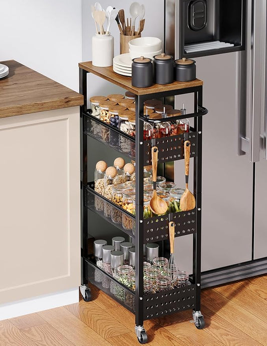 Utility Slim Storage Cart, 4-Tier Narrow Bathroom Organizer and Storage Cart, Metal Narrow Kitchen Laundry Room Organization Rack with Wood Top, Slim Rolling Shelf with Wheels for Small Space