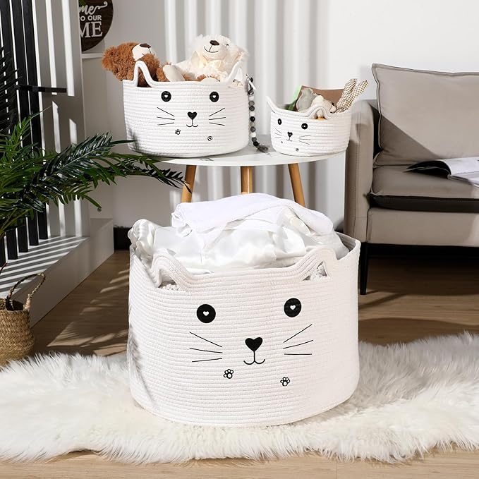 Zopeal Cat Basket Storage Woven Organizer with Ears Easter Decorative Gift Pet Toy Cute Cotton Rope Basket for Gift Cat Dog Toy Bin Nursery Room(21.7 x 13.8 Inch,White)