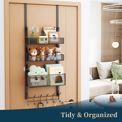 Consumest Over The Door Hooks Organizer - 4 Tier Door Coat Rack with 3 Baskets and 12 Hooks, Stainless Steel Towel Hanger for Bedroom, Bathroom, Living Room, Black
