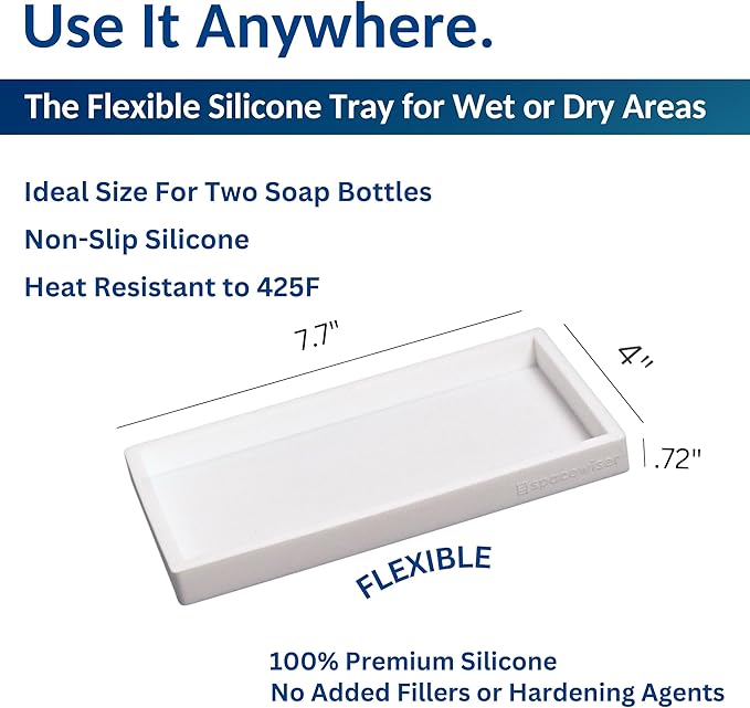 Countertop and Vanity Tray - Small 7.7” Silicone Tray for Soap Dispenser, Bathroom Trays, Dish Soap Trays for Kitchen Counter, Sink Caddy Sinks Organizer, Soaps Dish & Sponge Holder, White