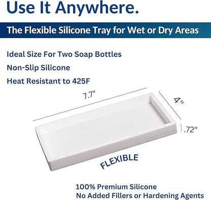 Countertop and Vanity Tray - Small 7.7” Silicone Tray for Soap Dispenser, Bathroom Trays, Dish Soap Trays for Kitchen Counter, Sink Caddy Sinks Organizer, Soaps Dish & Sponge Holder, White