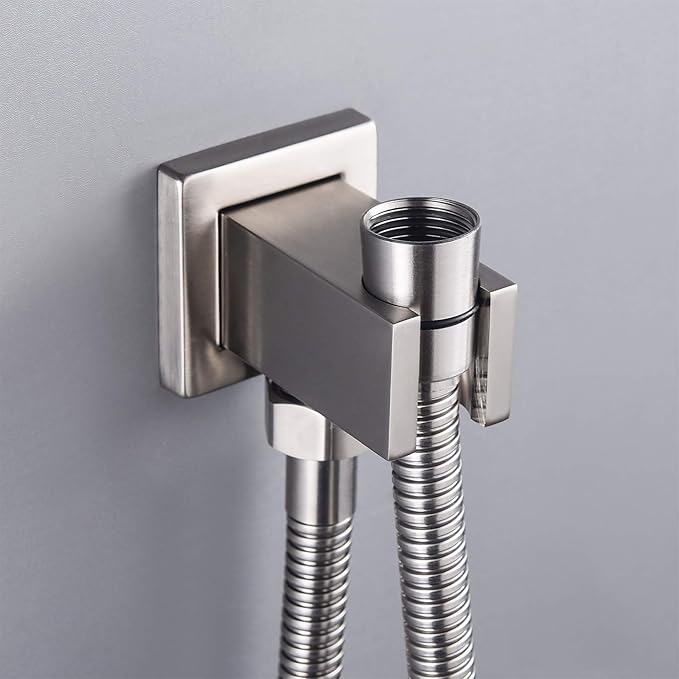 Wall Supply Elbow with Hand Shower Holder, Brass Square G1/2 Shower Hose Connector, Wall Mount Water Outlet for Bathroom Shower, Brushed Nickel