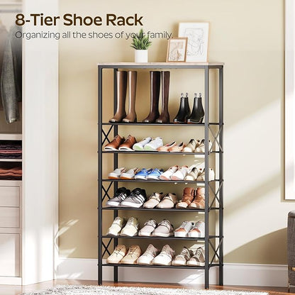 8 Tier Shoe Rack, Shoe Storage Organizer, Large Capacity Shoe Shelf Holds 32 Pairs of Shoes, Sturdy and Stable, for Entryway, Hallway, Closet, Dorm Room, Greige and Black SS08BG