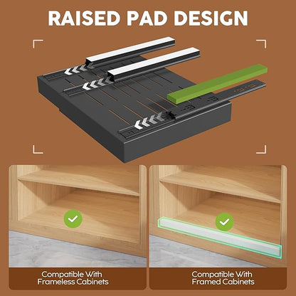 2 Pack Expandable Pull Out Cabinet Organizer 21"Deep With Raising Pad for Framed Cabinets,Upgrade 3 Slide Rails Slide Out Drawers,Roll Out Shelves Adhesive,Adjustable Width 15.15"-26.3" Black