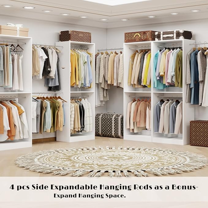Closet System, 8FT Closet Organizer System Small Wood Walk-in Closet Freestanding System Corner Closets Shelf Storage with 12 Hanging Rods, Modular Closet Systems White (8FT)