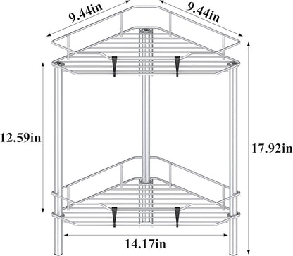 2 Tier Floor Standing Corner Shower Caddy Organizer Shelf with Hooks, Bathroom Shelves Stand Rack, Silver