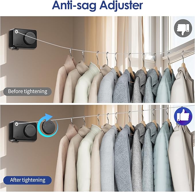 Retractable Clothesline Indoor, Non-Sagging Clothes Line Retracting Outdoors,13.8Ft Heavy Duty Clothes Drying Laundry Line, Wall Mounted Clothesline with 5pcs Hooks (RectangleBlack)