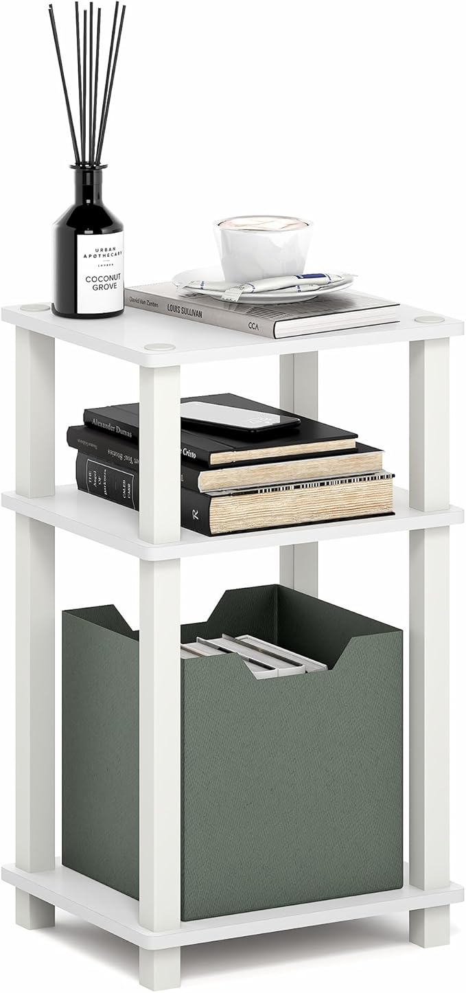 Furinno JUST Side Table, 3-Tier Open Shelf End Table, Toolless Assembly Night Stand, Bedside Table with Square Tube, for Living Room, Bedroom, White