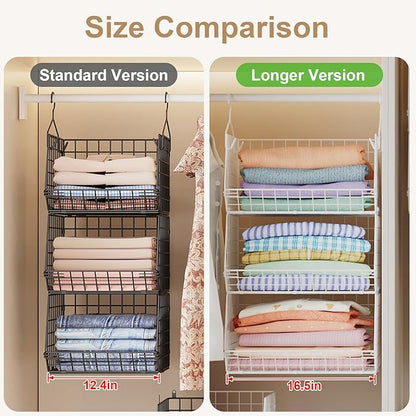 3 Tier Extra Large Closet Hanging Shelves with Divider, 16.5"L x 11.8"W x 33.6"H Closets Organizers and Storage with 5 S Hooks, Clothes Organizer for Sweaters Shoes Handbags Clutches Accessories-White