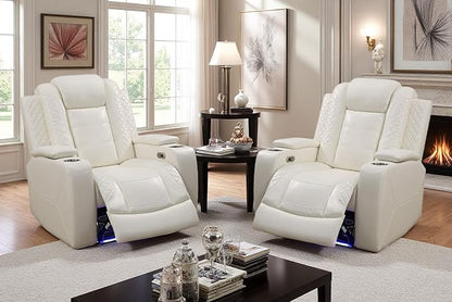Creamy White Leather Power Recliner Chairs, Two Reclining Sofa Chairs with Comfortable Armrest and Backrest, Living Room Furniture Sets with LED Home Theater Seating for Living Room, Bedroom