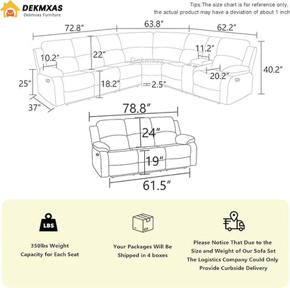 Reclining Sectional Sofa, 4 Pieces Living Room Furniture Sets, Black Leather Sectional Manual Recliner Sofa Set with Drop-Down Table, Cup Holders, Storage Console for Living Room, Bedroom
