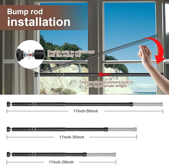 BeBecome Sliding Door Security Bar，17-50 inch Adjustable Patio Door Security bar with Rubber Tips Apartment Bedroom Bottom of Door Heavy Duty Interior Black
