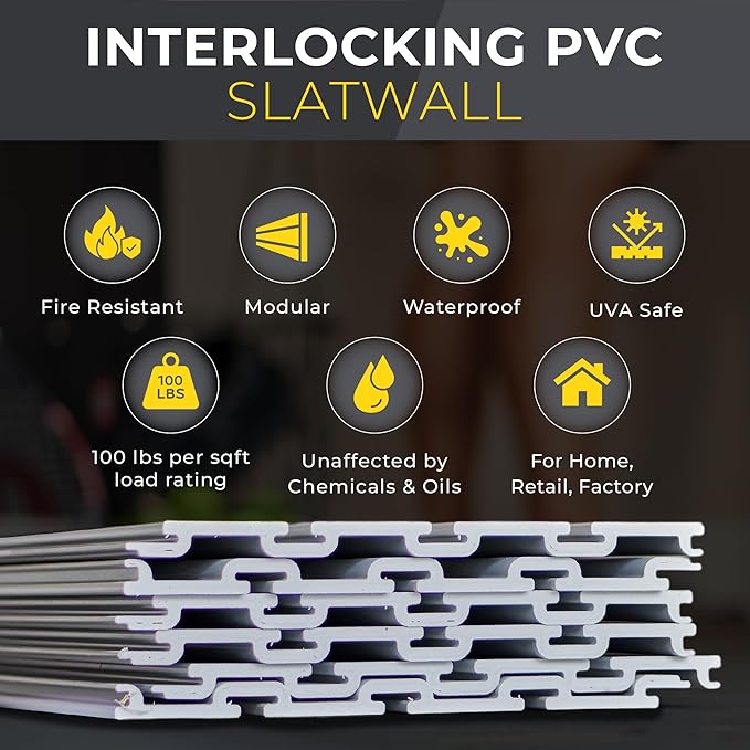 Heavy Duty 4x4 PVC Garage Slatwall Storage System (with Endcaps & Screws) - Modular Slat Wall Paneling for Garage Wall Organizer - Interlocking Slatwall Panels for Home & Commercial Use (White)