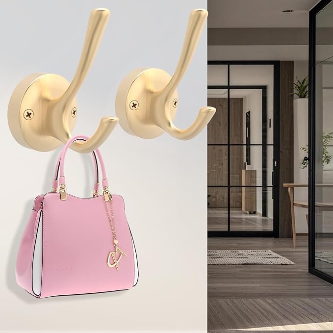 Gold Hat and Coat Hooks, 4 Pack Heavy Duty Coat Robe Hook, Metal Double Backpack Hook Wall Mounted, Towel Hooks for Bathroom Entryway Cubicle Closet Garage