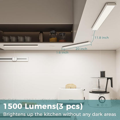 ASOKO Under Cabinet Led Light Plug in, Dimmable Daylight White 4000K, 3 Pack 12 inch Linkable Under Counter Lights 1500lm for Kitchen, Shelf, Workbench, Cupboard, Upgrade ETL Listed Plug 24V