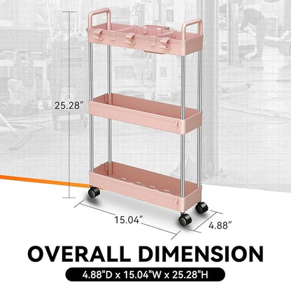 Auto Dynasty 3 Tier Slim Rolling Cart with Handle, Multifunction Utility Storage Rolling Cart, Movable Storage Organizer with Wheels for Office, Bathroom, Kitchen, Narrow Places (Pink)