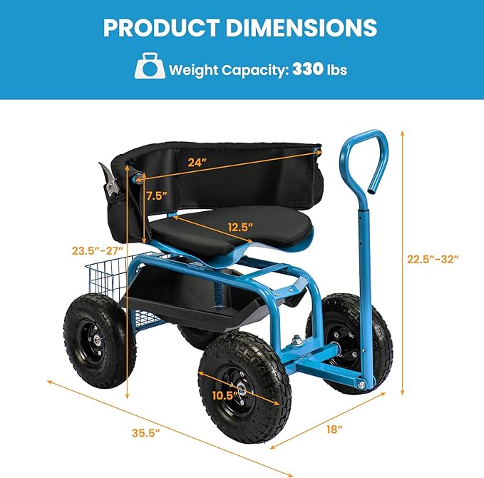 Giantex Rolling Garden Cart, 360 Swivel Workseat with 4 Wheels, Removal Cushion & Tool Tray, Storage Basket, Gardening Wagon Scooter with Adjustable Height, Handle (Blue)