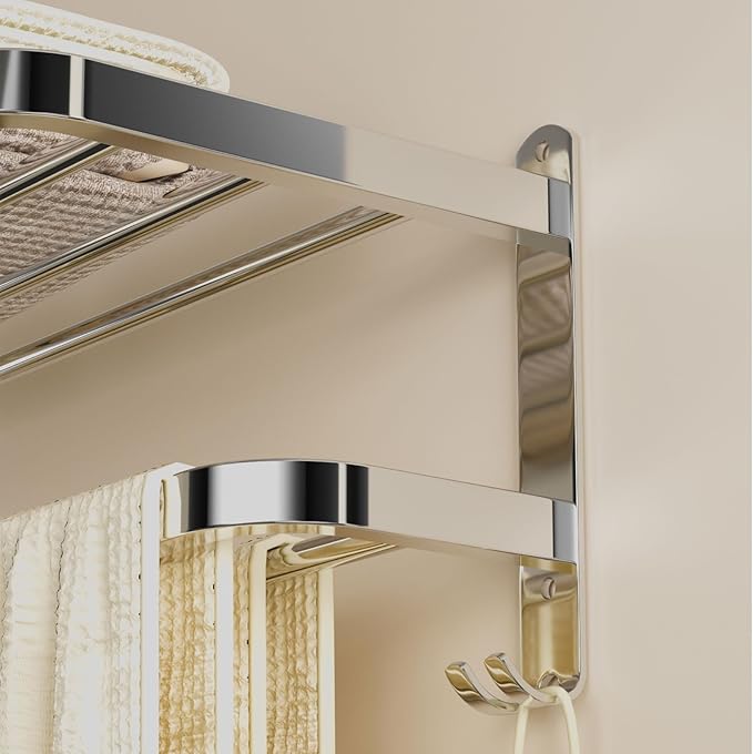 DDS-DUDES 23 Inch Bathroom Towel Rack Towel Shelf with Double Towel Bars Lavatory Wall Mount Holder with Hooks Stainless Steel Hotel Bath Rack