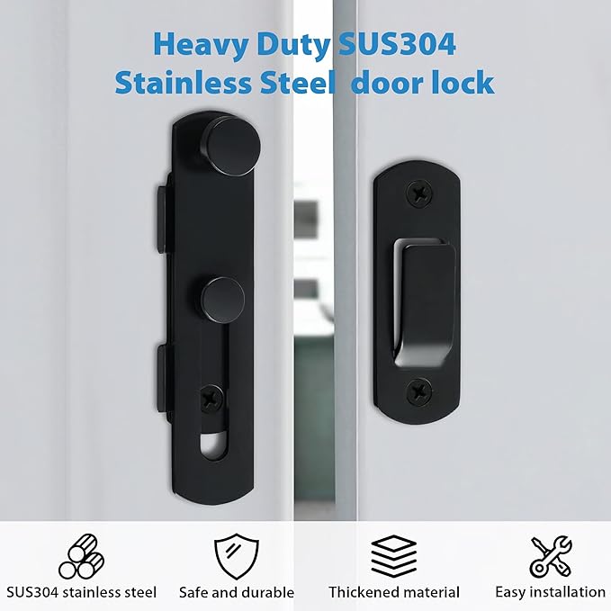 Alise 2Pcs Flip Latch Gate Latches, 4 inch Safety Door Lock for Barn Wood Fence Sliding French Doors,Heavy Duty SUS304 Stainless Steel Gate Hardware Matte Black MS9500B-2P