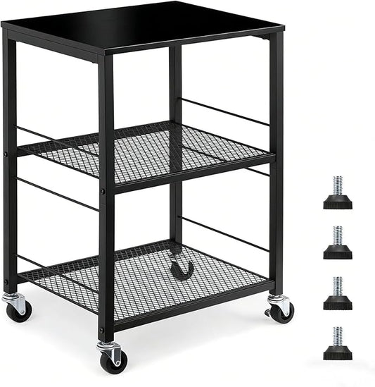 MOOACE 3 Tier End Table with Wheel, Rolling Storage Shelf Side Table Nightstand for Bedroom Kitchen Living Room Office, Stable Metal Frame and Wood Top, Black