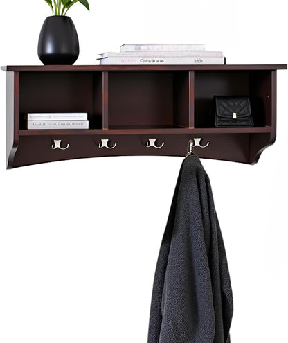 Shaker Cottage Wall-Mounted Coat Rack with 3 Storage Cubbies and 4 Hooks – Space-Saving Storage Rack and Wall Shelf Organizer for Entryway, Hallway, or Mudroom by Alaterre Furniture (Espresso Finish)
