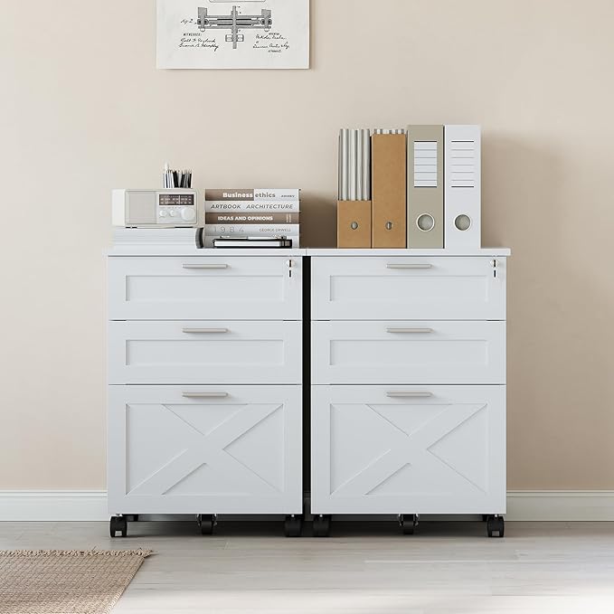 GarveeHome 3-Drawer File Cabinet with Lock, Mobile Under Desk Filing Cabinet for Home Office, Wood Storage Organizer for Letter/a4/Legal Size Documents, White