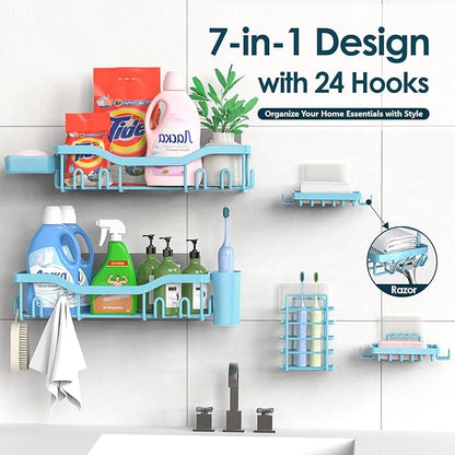Shower Caddy Adhesive Shower Organizer 7-Pack, Rustproof Stainless Steel Bathroom Shelves, Large Capacity No-Drill Rack Storage Accessories with Soap Dish Toothbrush Holder Hooks