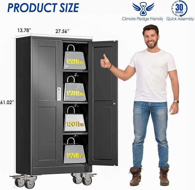 Metal Garage Storage Cabinet with Lock, 61” Tall Lockable File Cabinet with Wheels, Steel Tool Cabinet with 2 Door and 3 Adjustable Shelves, Rolling Cabinet for Home Office Garage Gym - Black