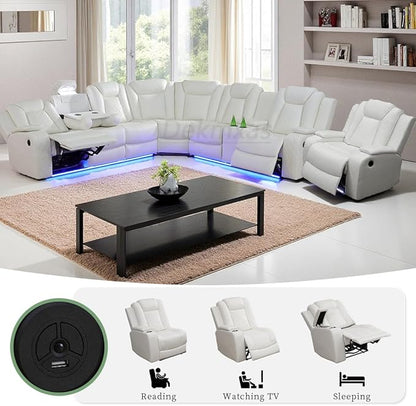 Ivory White Breathing Leather Power Reclining Sectional Sofa Set, Leather Recliner Sofa with LED Light, Living Room Furniture Sets with Storage Console/Cup Holder/USB Port for RV/Home Theater