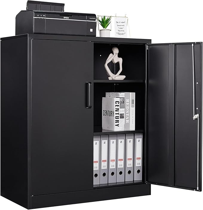 Metal Storage Cabinet, Lockable Steel Storage Cabinet with 2 Doors and Shelves, Metal Cabinet with Lock, Small Locking Cabinet for Home Office (Black)