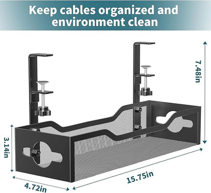 Under Desk Cable Management Tray Black, Litwaro Cable Management Under Desk No Drill, Cable Organizer with Clamp for Wire Management, Cord Organizer No Damage to Desk for Office, Home