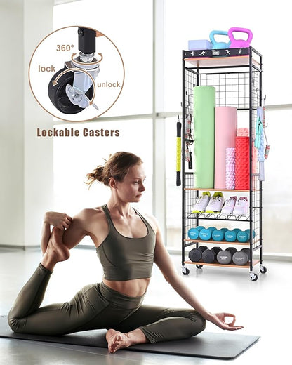 Mythinglogic Weight Rack for Dumbbells, Home Gym Storage for Yoga Mat Dumbbells Kettlebells and Strength Training Equipment, Dumbbell Rack with Wheels and Hanging Hooks